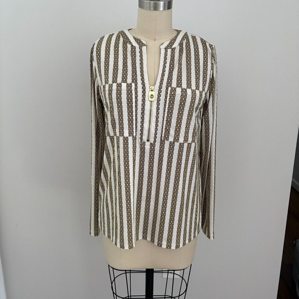 Michael Kors Logo Chain Print Blouse Front Zip Bone/Gold Office Party Chic S